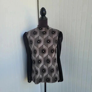 80 Park Women's Stretch Mock Neck Black Tan Long Sleeve Top Blouse Abstract Sz M